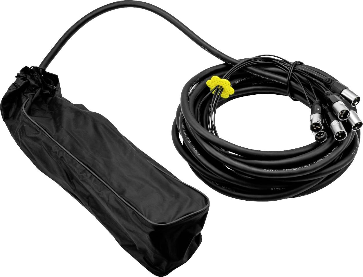 Čierna sada audio káblov s tromi konektormi a čiernym ochranným obalom. Vhodná pre profesionálne audioprepojenia.