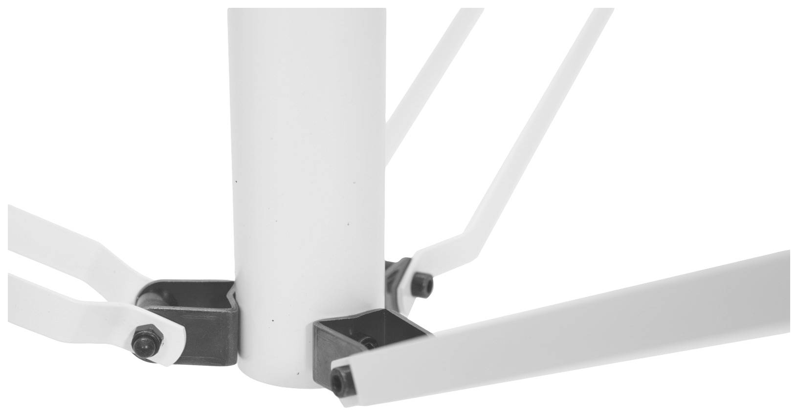 Biely kovový stojan s viacerými nohami pripevnenými ku centrálnemu valcu, pravdepodobne súčasť mechanizmu sklápacieho stola.