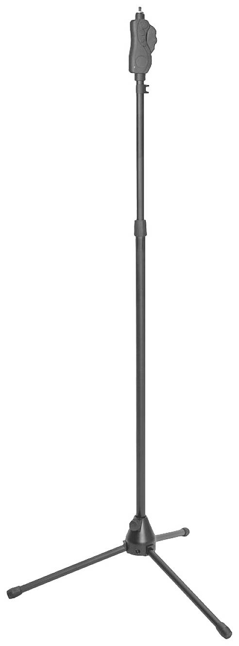 Mikrofonový stojan s teleskopickou tyčou a tromi nohami bez pripojeného mikrofónu. Vhodný pre pódiové alebo štúdiové nahrávky.