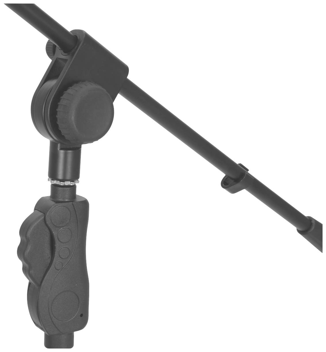 Čierny stojan na mikrofón s nastaviteľným ramenom a ergonomickou rukoväťou pre ľahké ovládanie.