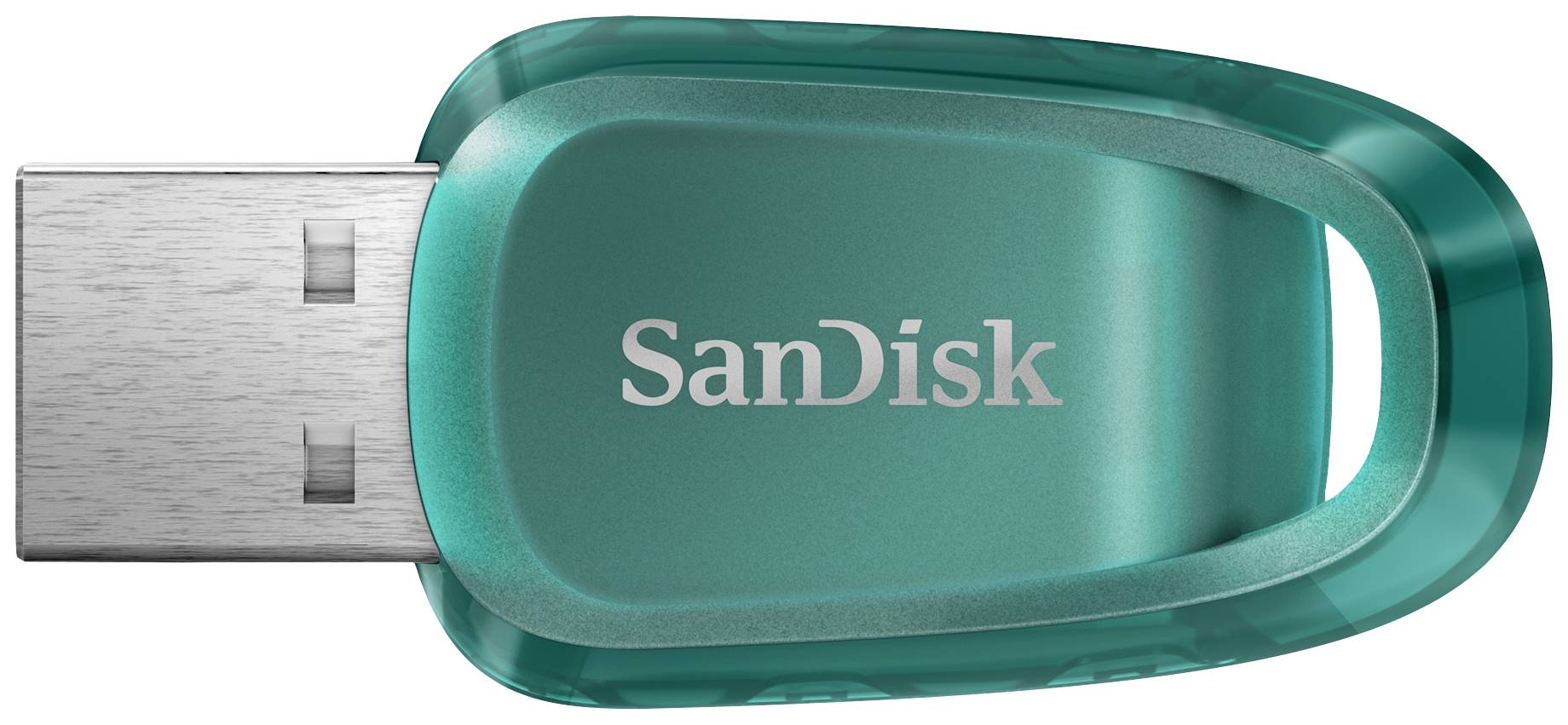 Zelený USB kľúč značky SanDisk, položený.