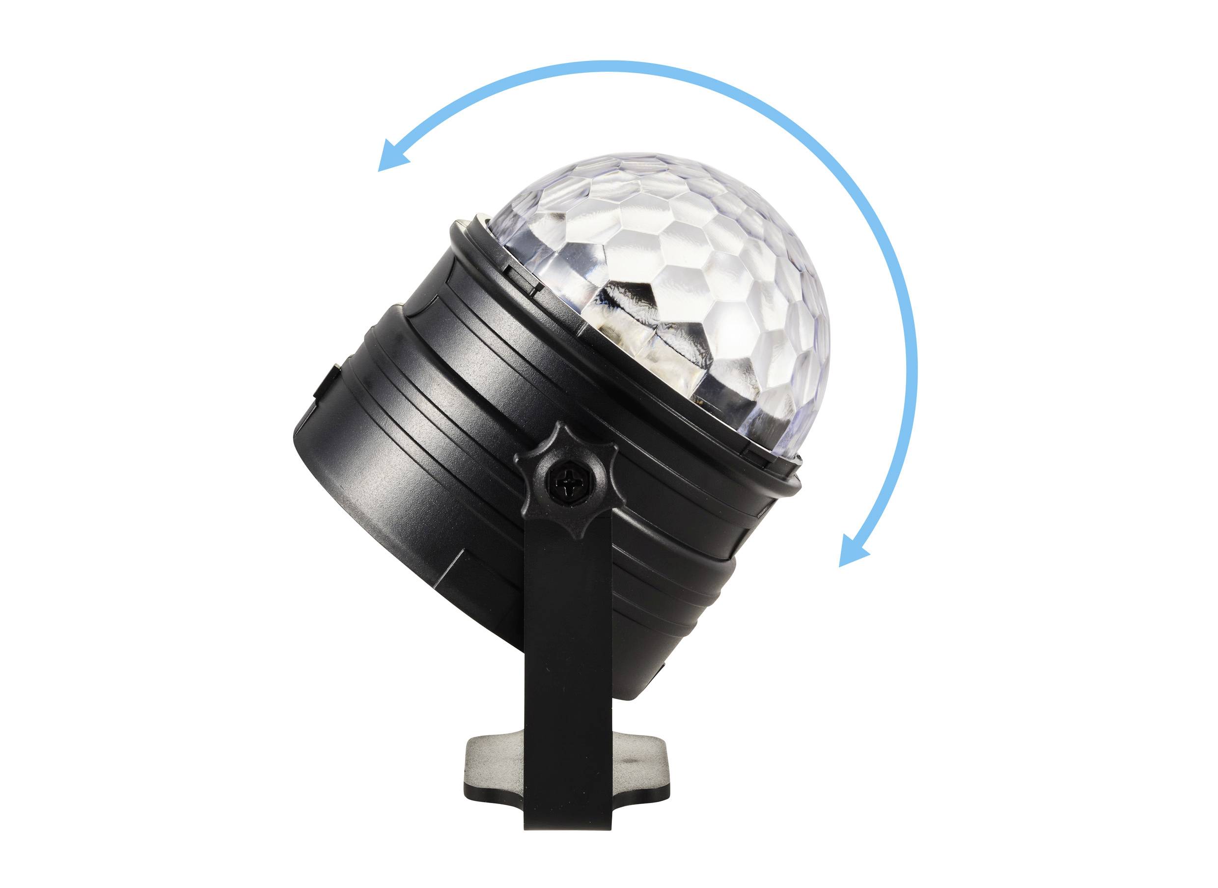 Čierny LED disco svetelný efekt s otočnou, priehľadnou kupolou; modré šípky označujú smer otáčania.