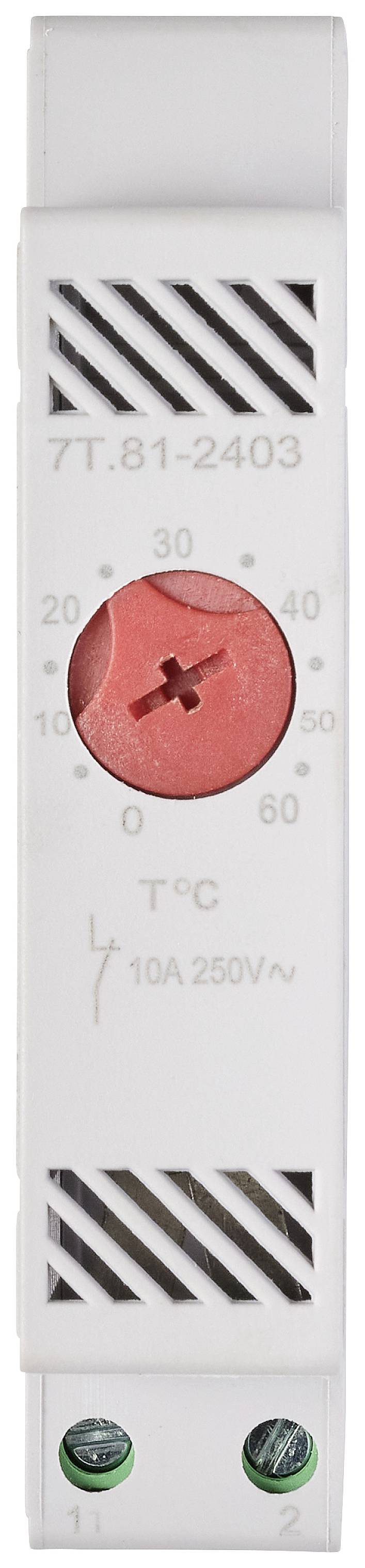 Termostat na reguláciu teploty, stupnica od 0 do 60 °C, s červeným nastavovacím gombíkom a elektrickými prípojkami dole.
