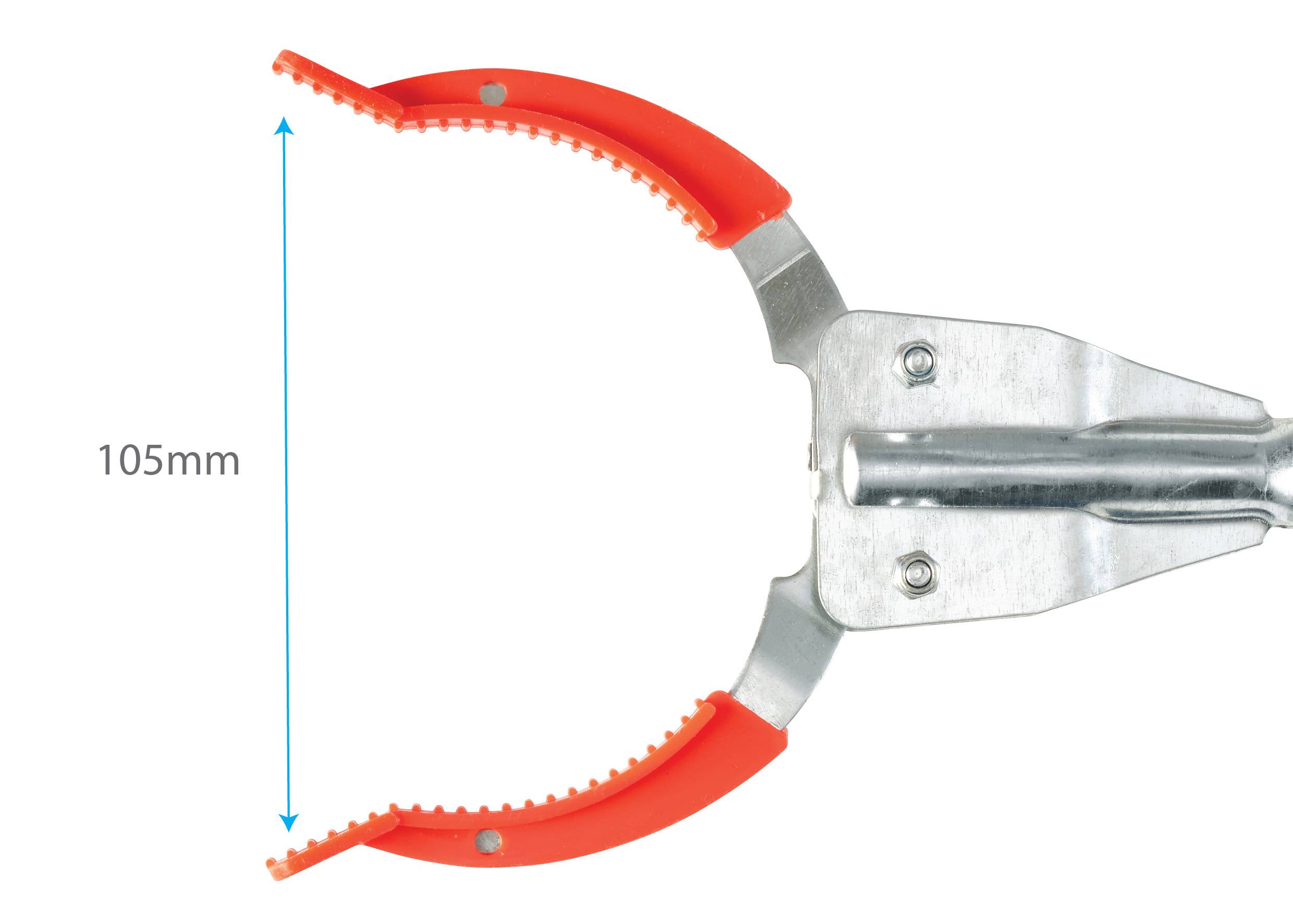 Úchopový nástroj s červenými hrotmi. Šírka 105 mm. Vhodný na uchopenie a pridržanie predmetov.