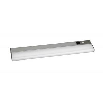 Úzka, obdĺžniková LED lampa so strieborným krytom. Na hornej strane sa nachádza čierne tlačidlo.