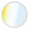 Strieborná okrúhla lampa s bielym a modro-žltým prechodom svetla.