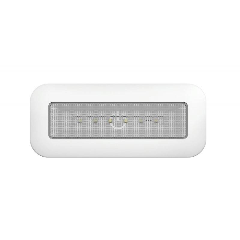 Obdĺžniková, biela LED lampa s priehľadnou stredovou časťou. Minimalistický dizajn, ideálny pre moderné interiéry.
