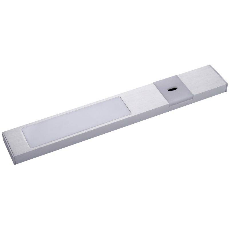 Kovový obdĺžnikový LED svetelný pás so stredným svetelným panelom a senzorom pohybu na pravej strane. Vhodný do skríň.