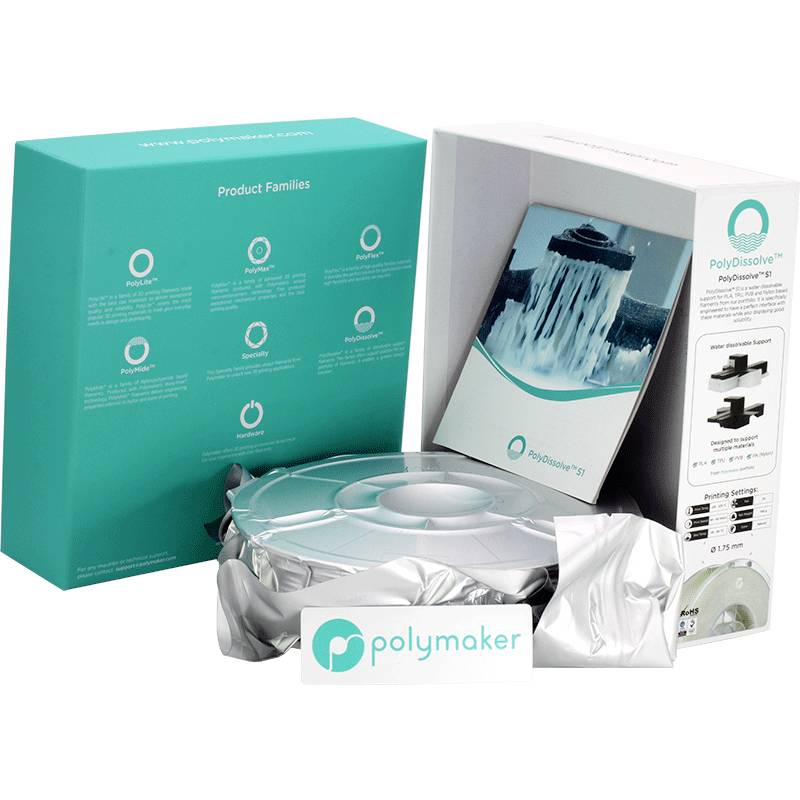 Balenie a špecifikácie filamentu Polymaker PolyDissolve™ S1. Box zobrazuje obrázok produktu a technické parametre na strane.
