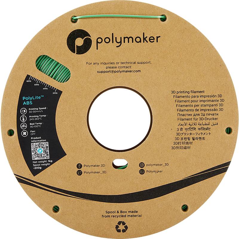Okrúly obal cievky filamentu značky Polymaker. Obsahuje filament pre 3D tlačiarne. Potlač v rôznych jazykoch.