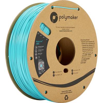 Rolka tyrkysového 3D tlačiarenského filamentu značky 'Polymaker', model 'PolyLite ABS', navíjaná na kartónovej cievke.