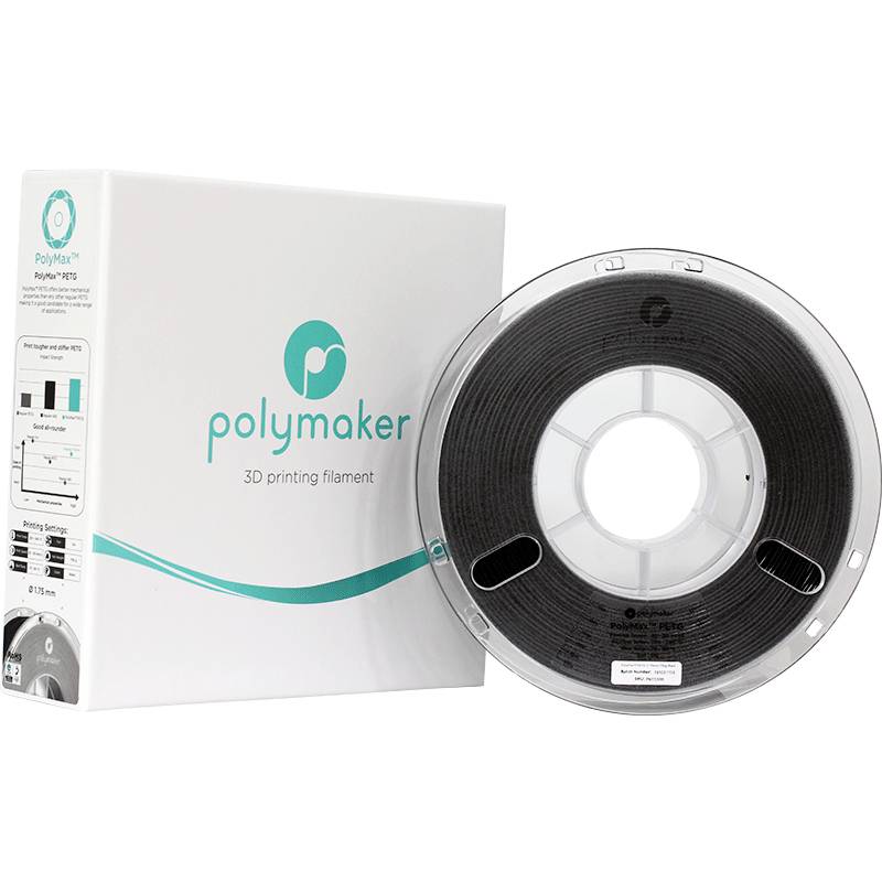 Škatuľa a rolka čierneho 3D tlačového filamentu značky Polymaker.