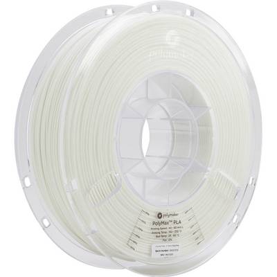 Biela cievka 3D tlačového filamentu PolyMax PLA od Polymaker, navinutá na priehľadnej plastovej cievke.