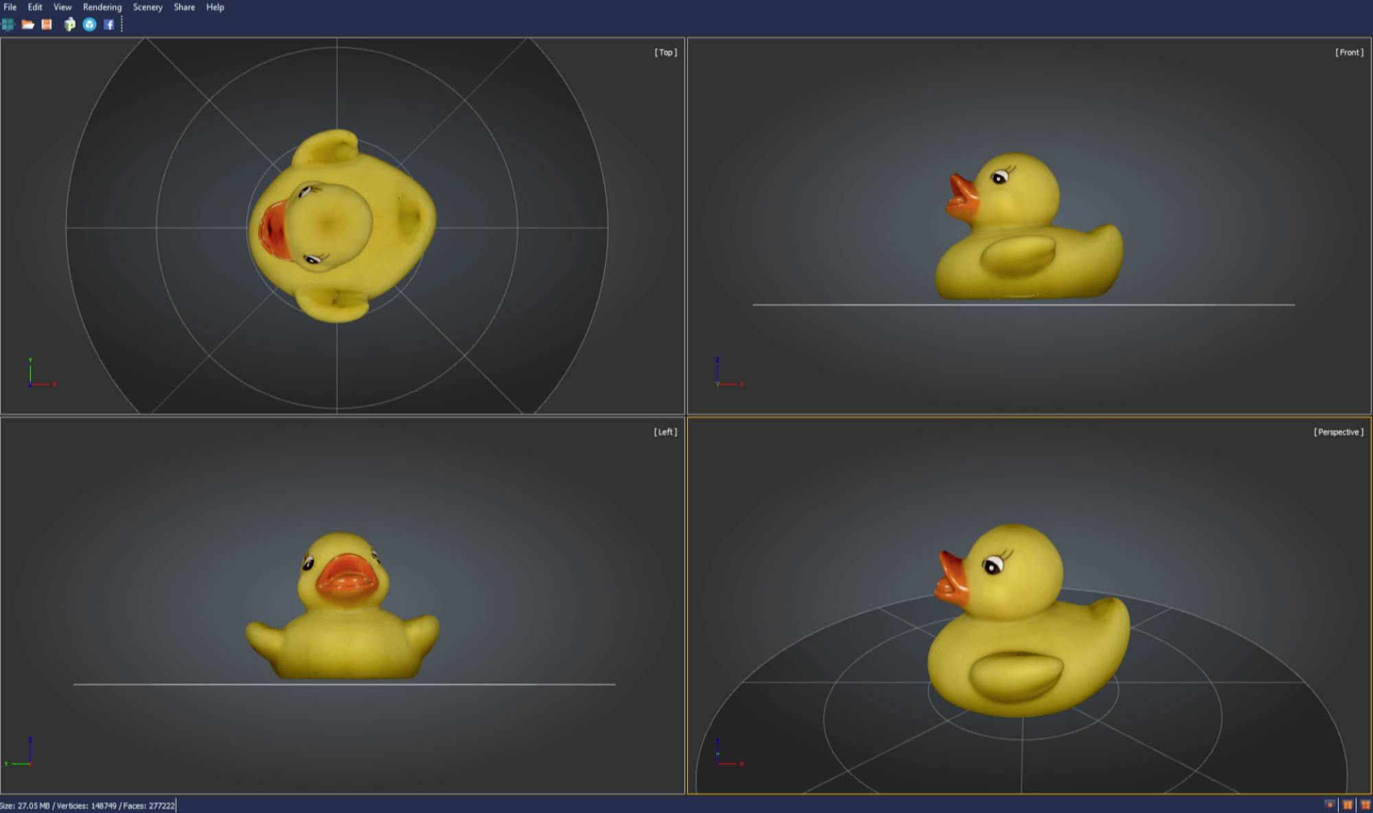 Štyri pohľady na žltú gumenú kačičku v 3D modelovacom programe: zhora, zboku, spredu a v perspektíve.
