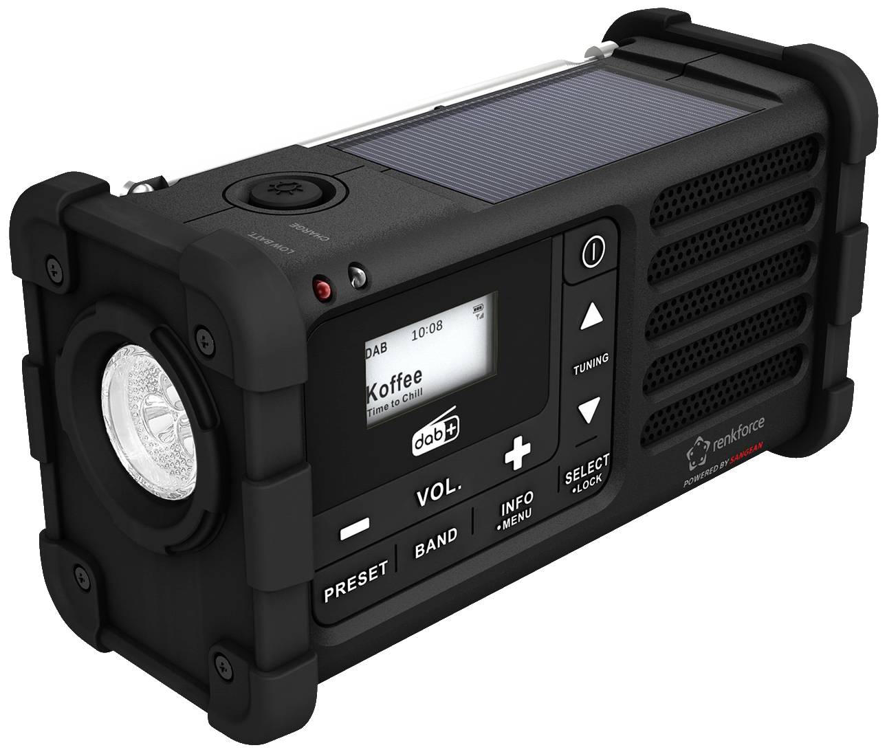 Renkforce RF-DAB-MMR88 RF-5266164 outdoorové rádio, DAB+, FM, pohotovostné rádio, USB, Ručná kľučka, solárny panel, možn-1