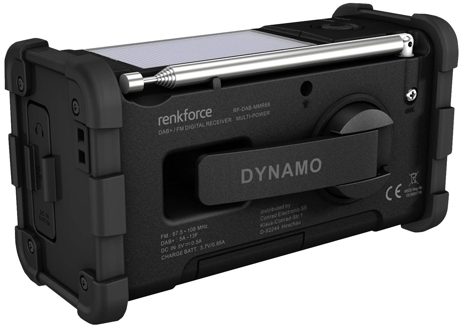 Renkforce RF-DAB-MMR88 RF-5266164 outdoorové rádio, DAB+, FM, pohotovostné rádio, USB, Ručná kľučka, solárny panel, možn-3
