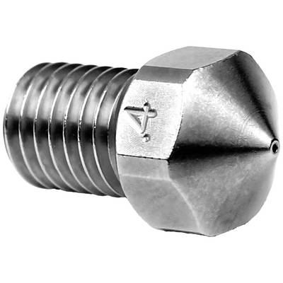 Strieborná kovová dýza so závitom a špicatým koncom. Ideálna pre 3D tlačiarne; symbol v strede označuje jej veľkosť.
