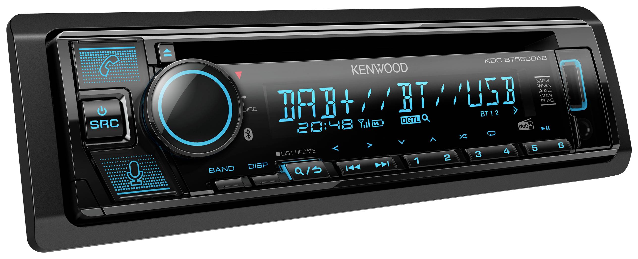 Autorádio so stláčadlami a digitálnym displejom. Text na displeji: 'KENWOOD', 'DAB+', čas '20:48'. Podsvietené modrou farbou.