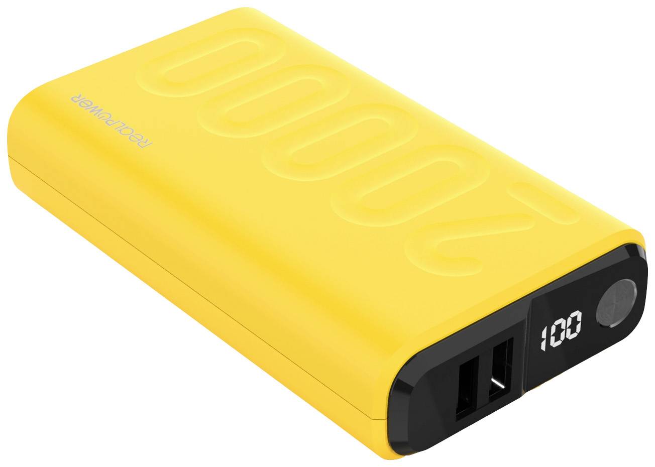 Žltá powerbanka s kapacitou 20.000 mAh, dvoma USB portami a digitálnym displejom zobrazujúcim '100'.