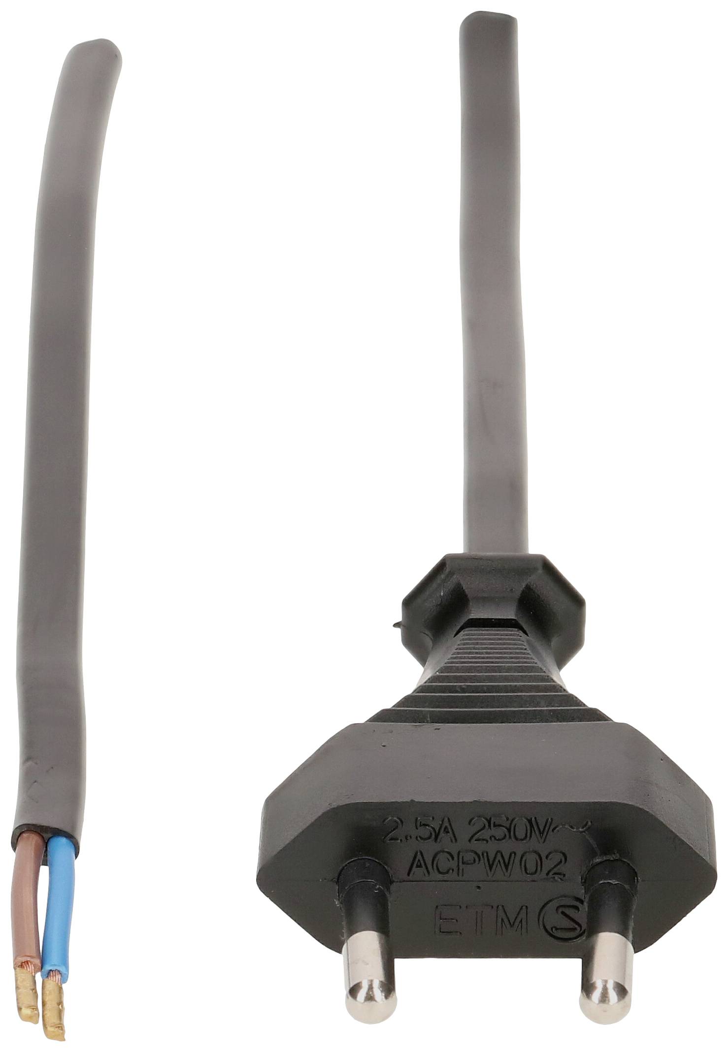 Čierny dvojpólový elektrický konektor s odkrytými koncami káblov, vhodný pre 250V, 2,5A, model 'ETM S'.