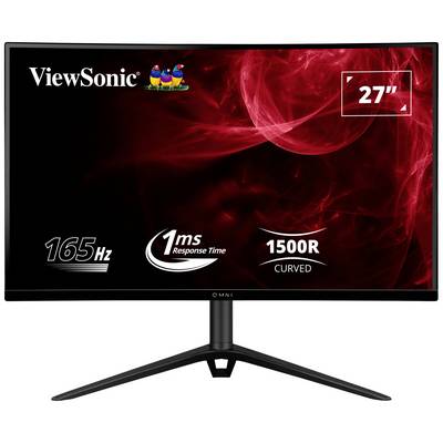 Monitor ViewSonic, 27 palcov, 165 Hz, 1 ms reakčná doba, zakrivený (1500R). Čierny displej s červeným pozadím.