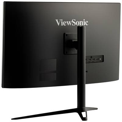 Čierny monitor značky ViewSonic pohľadovo spredu, namontovaný na podstavci, zobrazuje konektory na zadnej strane.