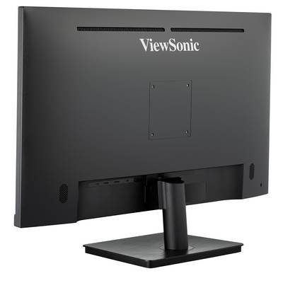 Pohľad zozadu na monitor značky ViewSonic. Stojan je umiestnený centrálne. Logo 'ViewSonic' je viditeľné v hornej časti zadnej strany monitora.