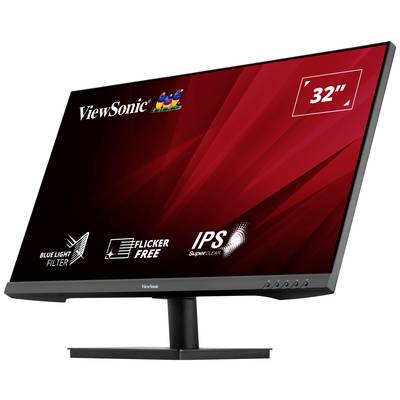 ViewSonic monitor s 32-palcovým displejom, IPS technológiou, bez blikania, s filtrom modrého svetla. Dizajn s červeným pozadím a logami.