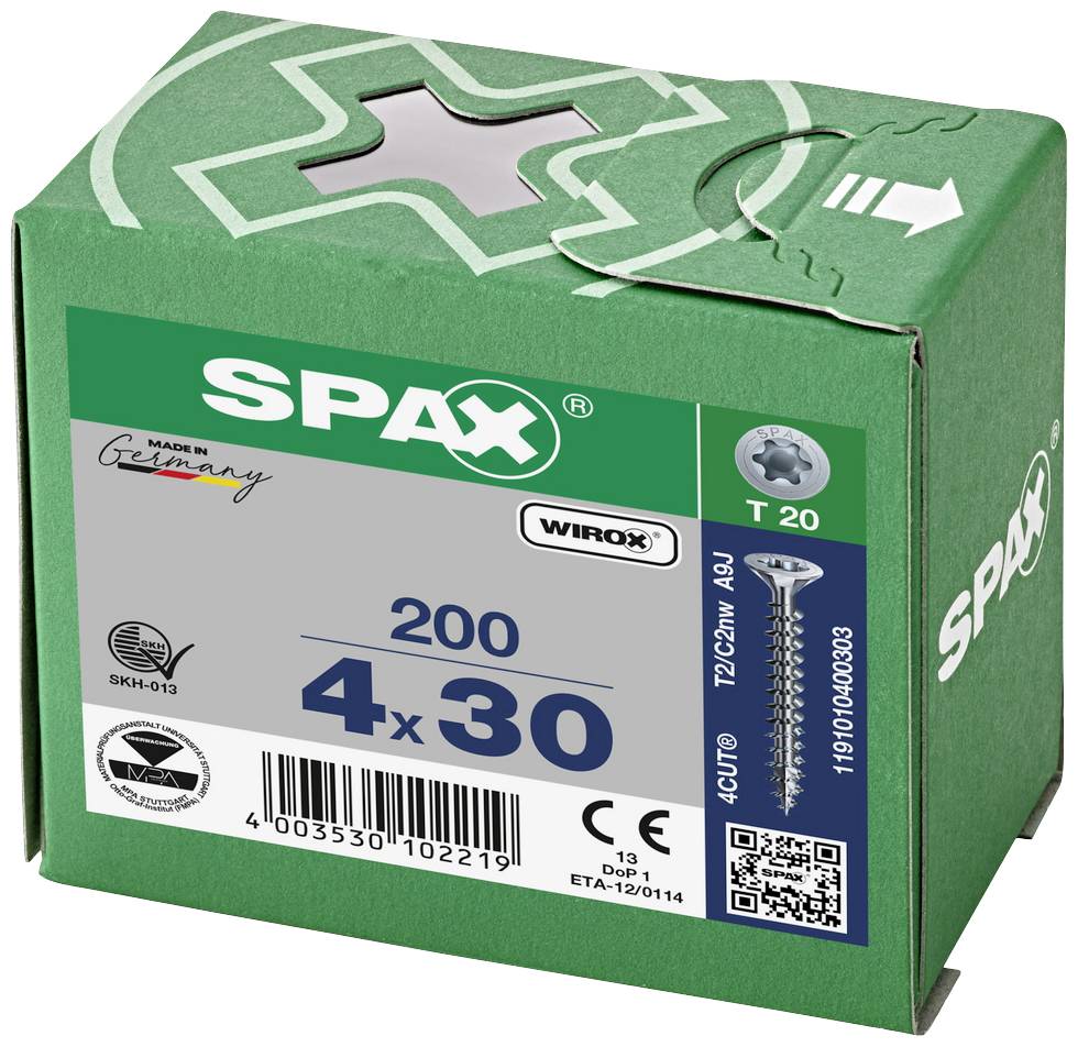 Zelená SPAX-krabica skrutiek, obsahuje 200 skrutiek veľkosti 4x30 mm, T 20, vyrobené v Nemecku.