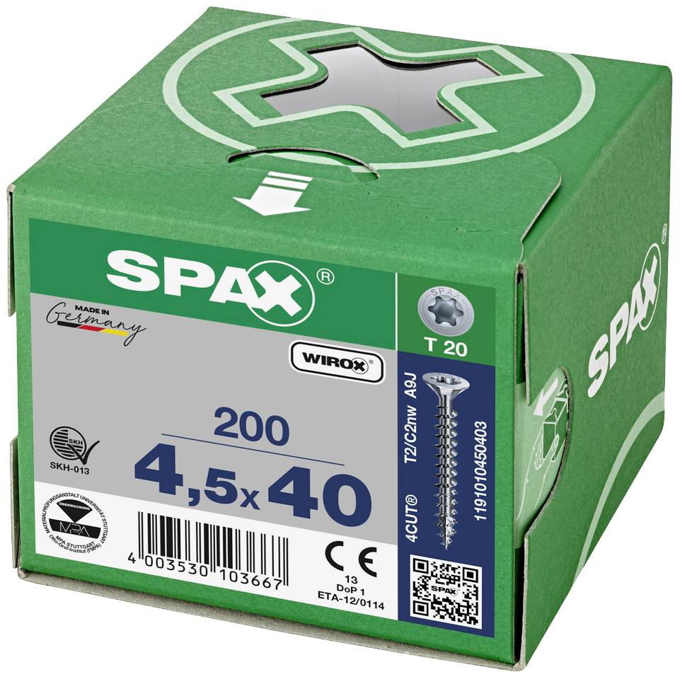 SPAX skrutky, 4,5x40 mm, 200 kusov, zelený obal, 'Vyrobené v Nemecku', Wirox povrchová úprava, T 20 pohon, štvorité frézovacie rebrá.