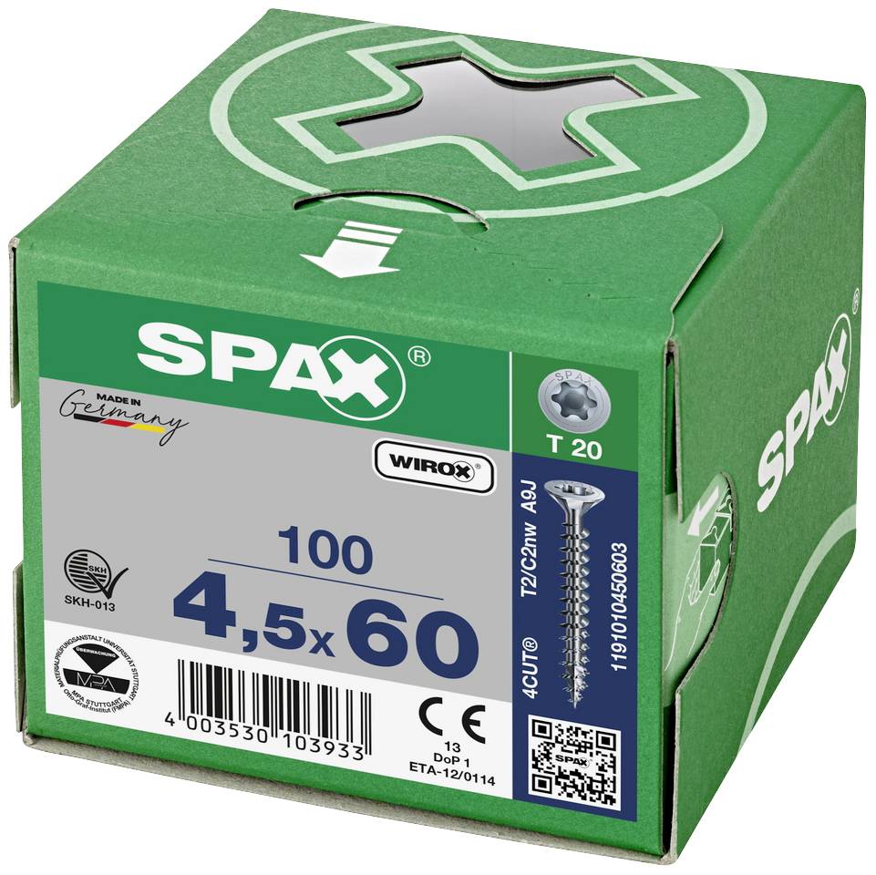 Zelená krabica so 100 skrutkami značky Spax, veľkosť 4,5x60 mm, s T20 hlavou. Na krabici je nápis 'Made in Germany' a logo WIROX.
