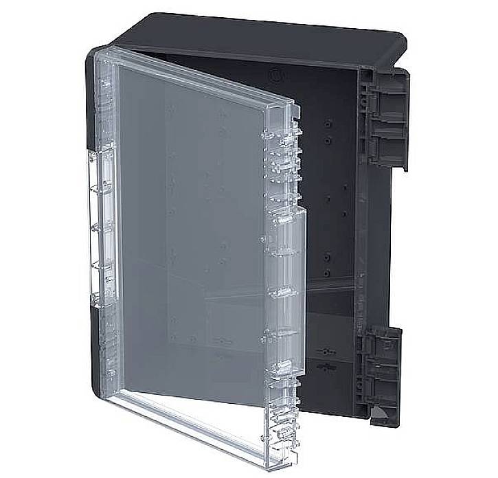 Čierny štvorcový box s priehľadným, odnímateľným krytom, vhodný na montáž na stenu alebo ako úložný kontajner.