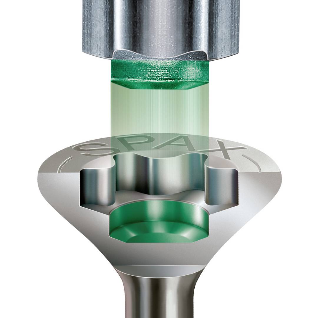 Skrutkovač so zeleným svetlom upevnený v strede SPAX skrutky ukazuje presné zarovnanie nástroja a skrutky.
