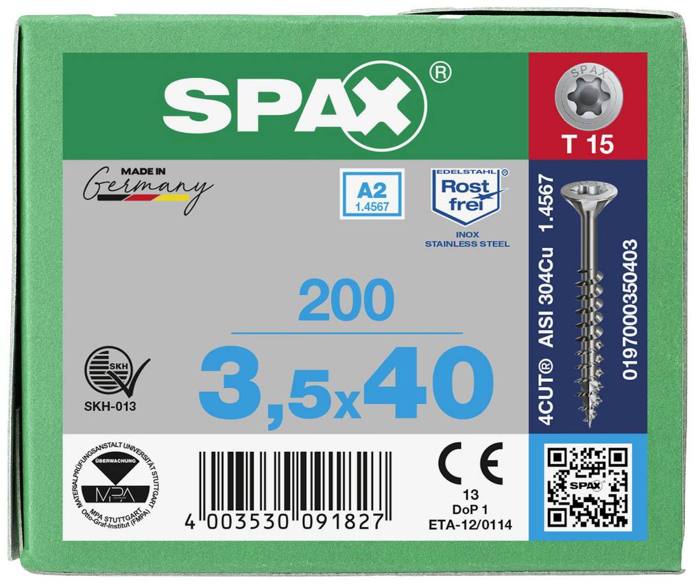 Kartónový obal na skrutky SPAX, veľkosť 3,5x40 mm, 200 kusov nehrdzavejúcich, vhodných pre ušľachtilú oceľ A2. Obsahuje QR kód a kontrolnú pečať.