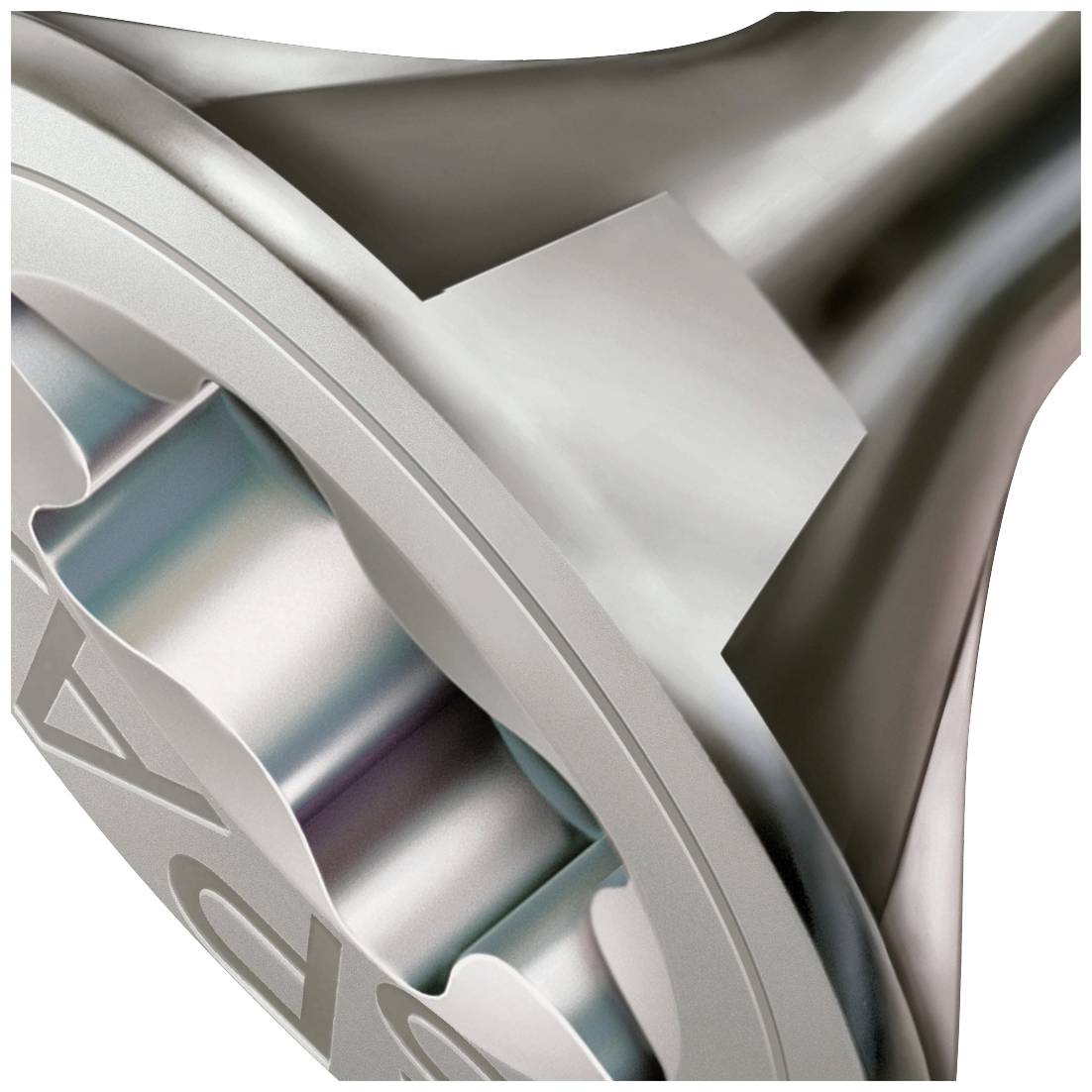 Detailný záber kovového nástroja so zakrivením a hladkým povrchom, ktorý sa používa v priemyselných aplikáciách.