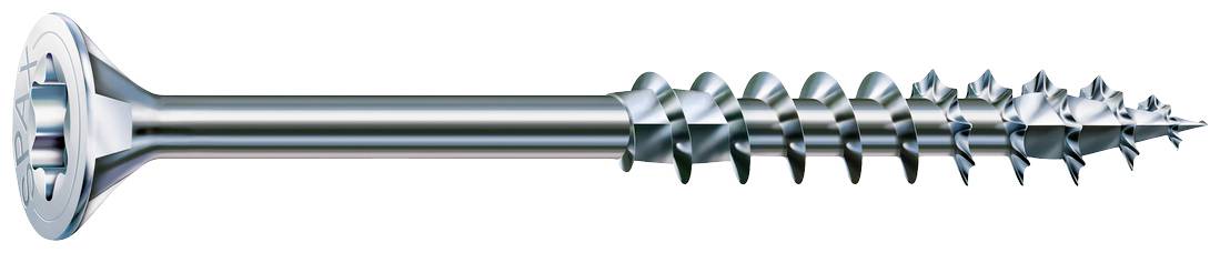 Detailný záber skrutky so zápustnou hlavou a súvislým závitom. Skrutka má strieborný lesklý povrch.