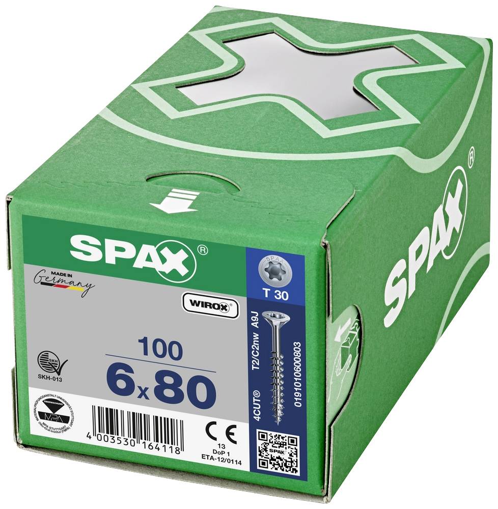 Skrutková zostava od Spax, zelená, obsahuje 100 kusov veľkosti 6x80 mm. 'Vyrobené v Nemecku' na obale.