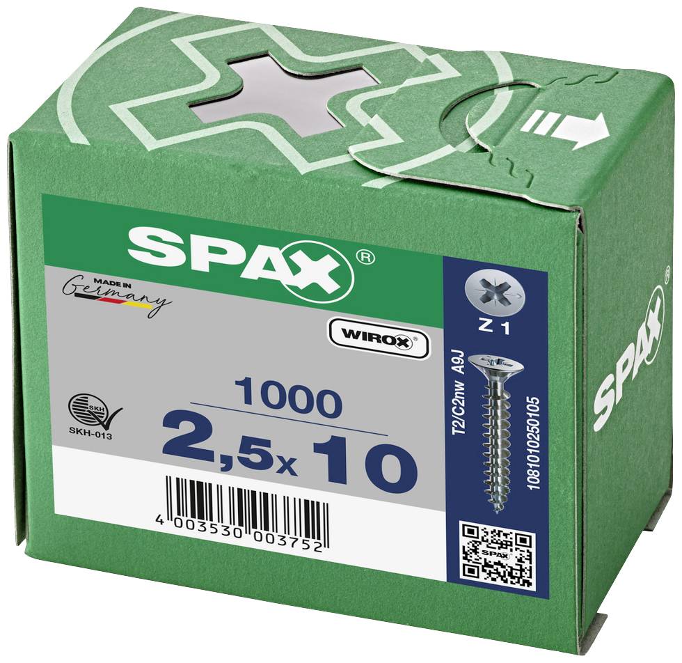 Zelený obal SPAX s 1000 skrutkami veľkosti 2,5 x 10 mm. Hore je plusové znamienko. 'Made in Germany' a QR kód sú viditeľné.