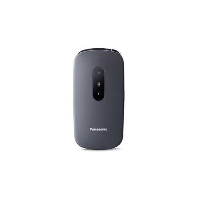 Sivý mobilný telefón Panasonic, pohľad zozadu, s kamerou a bleskom v zvislej orientácii.