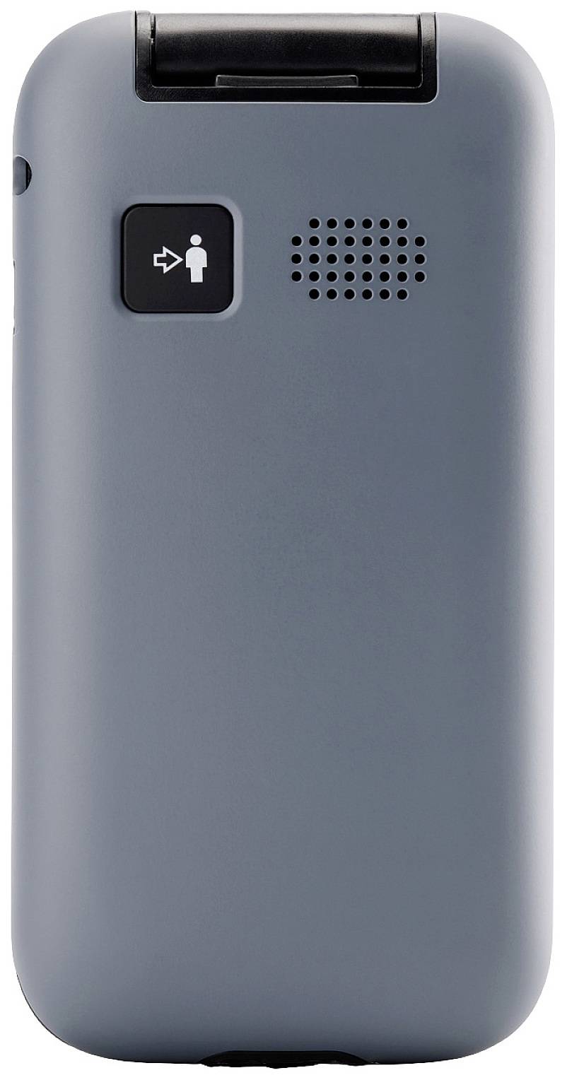 Sivý výklopný mobilný telefón z pohľadu zozadu, s reproduktorom a malým tlačidlom so symbolom osoby v ľavom hornom rohu.