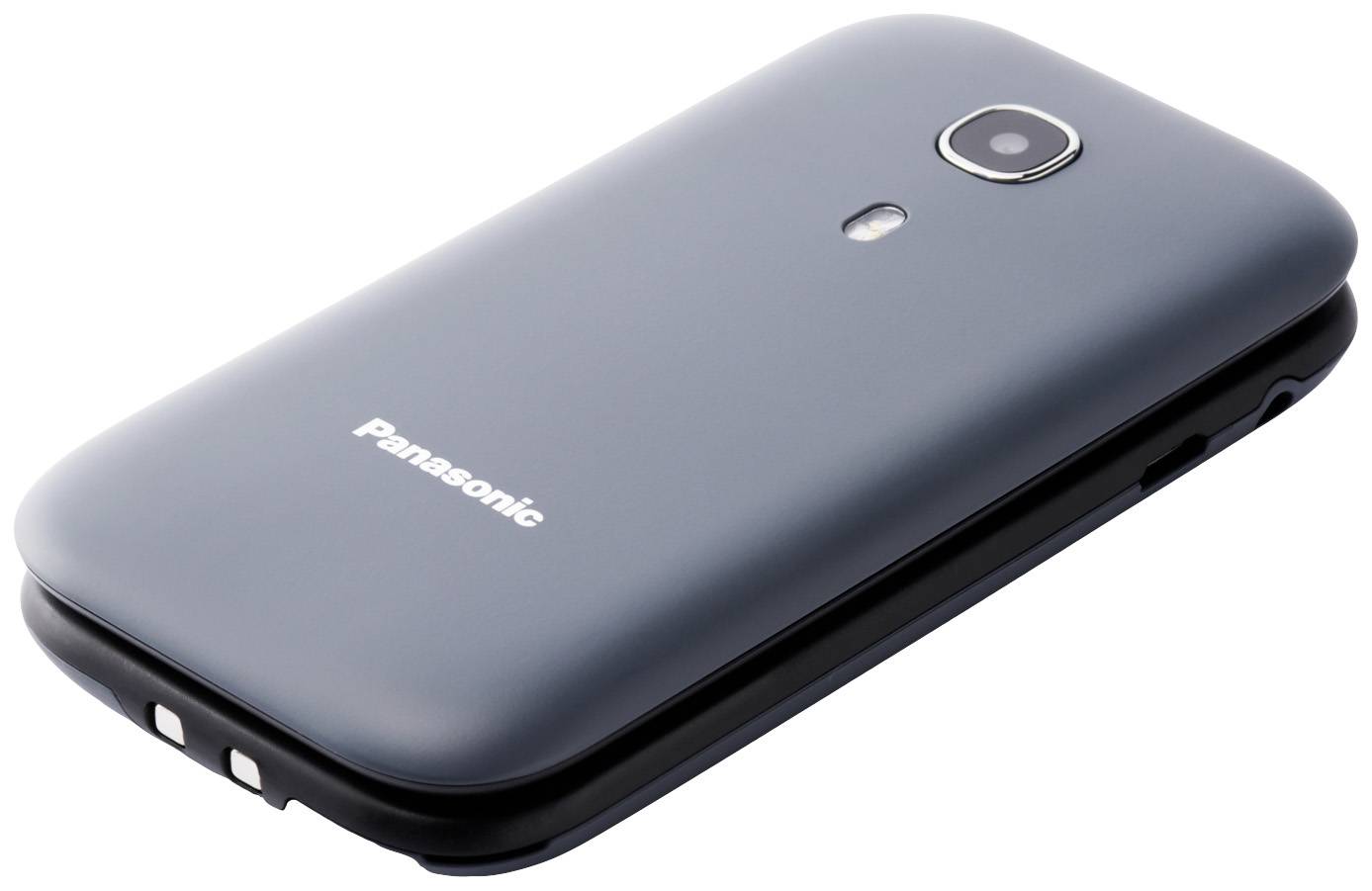 Sivý uzavretý sklápací mobilný telefón so vzorom 'Panasonic' loga na zadnej strane, s viditeľným objektívom fotoaparátu a bleskom.