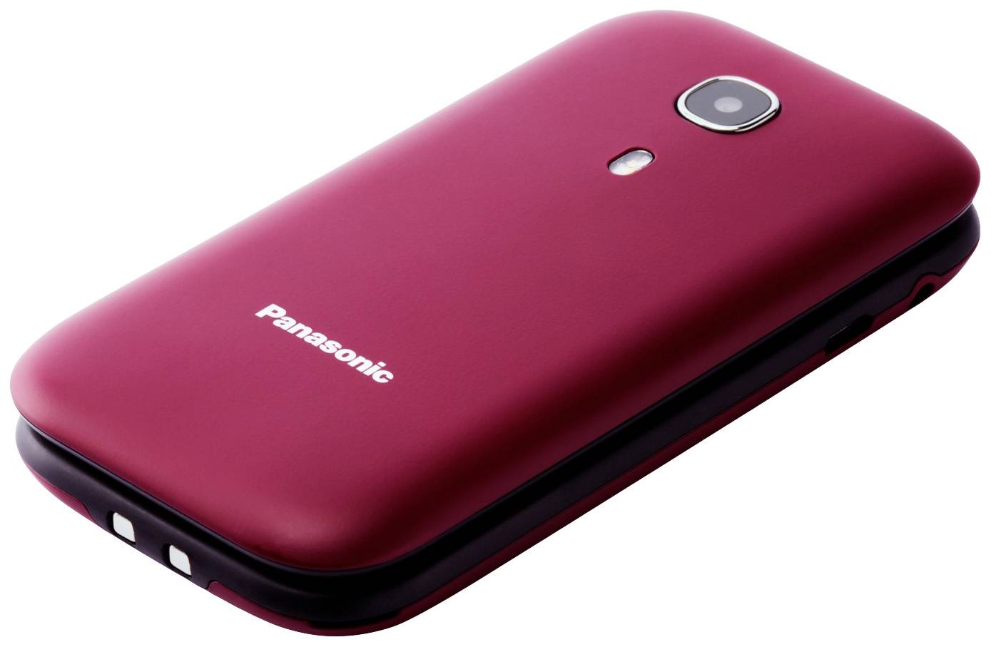 Červený mobilný telefón so zaoblenými hranami, na ktorom je napísané 'Panasonic'.