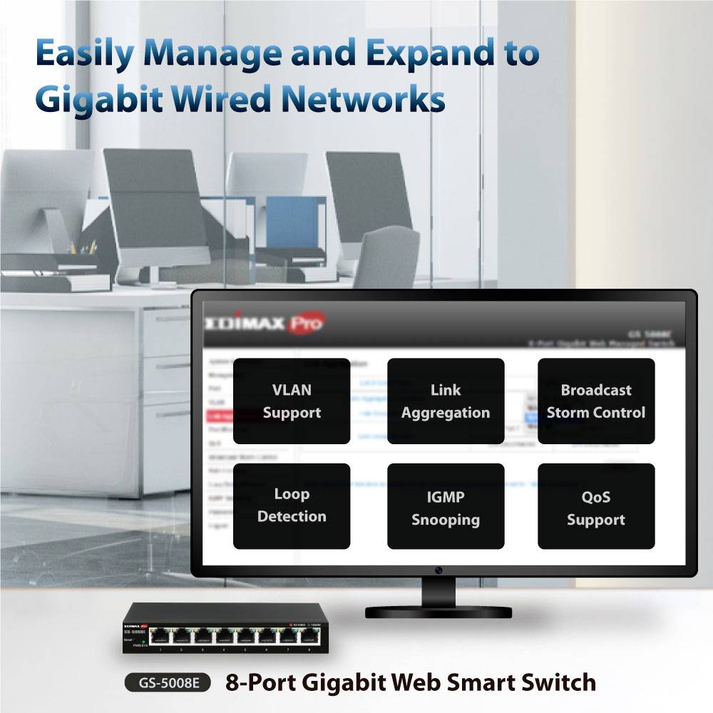 Sieťový prepínač Edimax Pro GS-5008E s 8 portami, s funkciami VLAN, Link Aggregation a QoS, umiestnený v prostredí kancelárskych pracovísk.