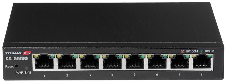 Čierny ethernetový switch s ôsmimi RJ-45 portami. Svetlá indikujú stav siete: 100M, 1000M. Značka 'Edimax Pro'.
