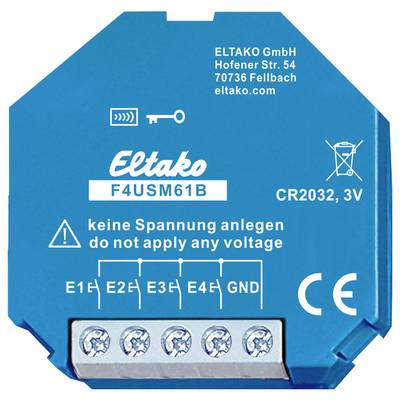 Modrý modul od Eltaka, model F4USM61B, s priestorom pre batériu CR2032 3V. S pripojeniami E1–E4, GND. Výstražné upozornenie: 'nepripájať napätie'.