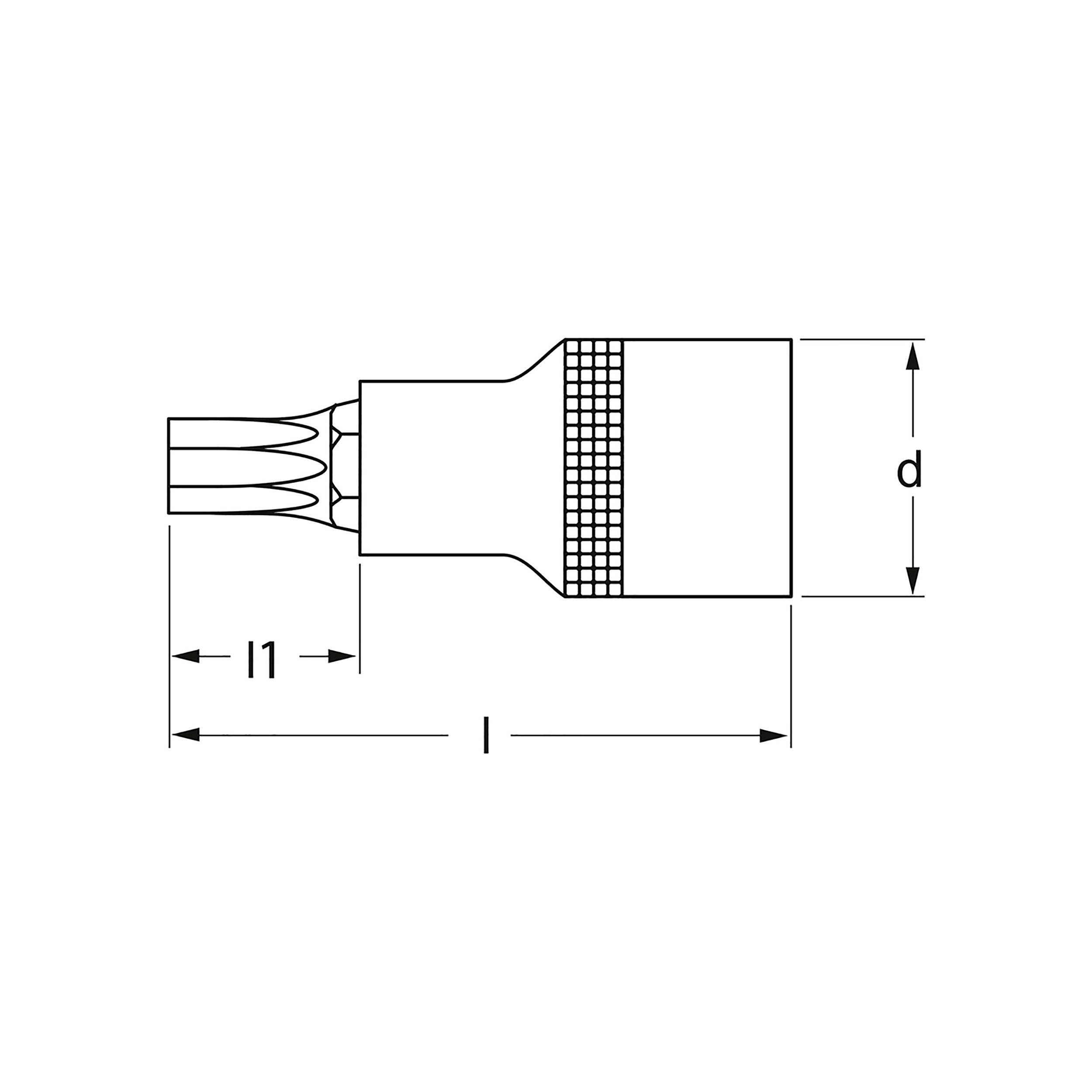 Čiernobiely diagram kabelového konektora s popiskami 'l1', 'l' a 'd' na znázornenie rozmerov v pozdĺžnom smere a priemeru.