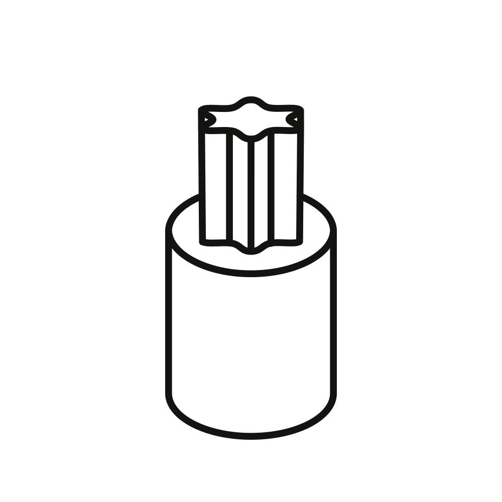 Štylizovaný symbol šesťhrotého torx skrutkovača v valcovitom nástrčnom kľúči.