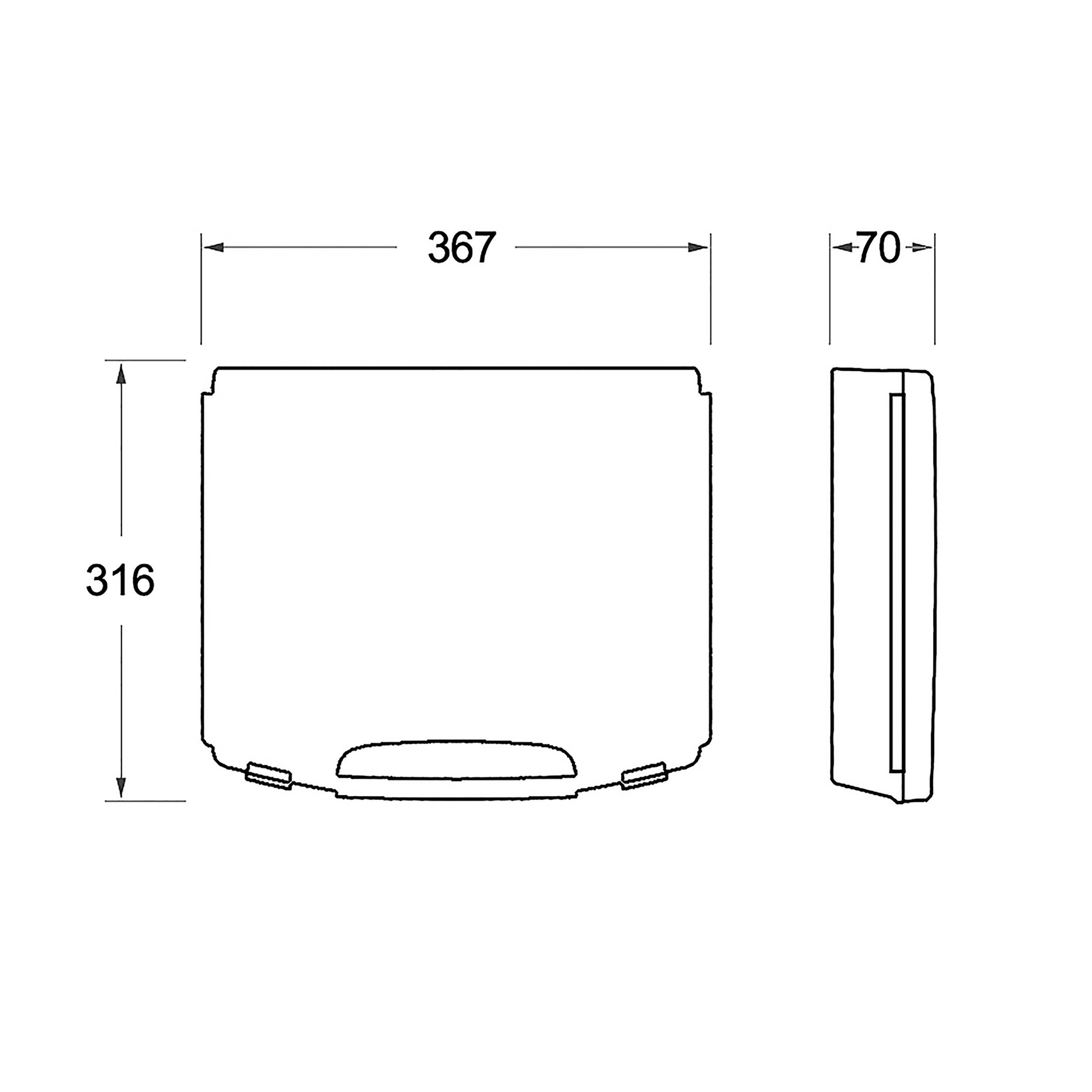 Čiernobiely technický nákres obdĺžnikového objektu s rozmermi 367 mm šírka, 316 mm výška a 70 mm hĺbka.