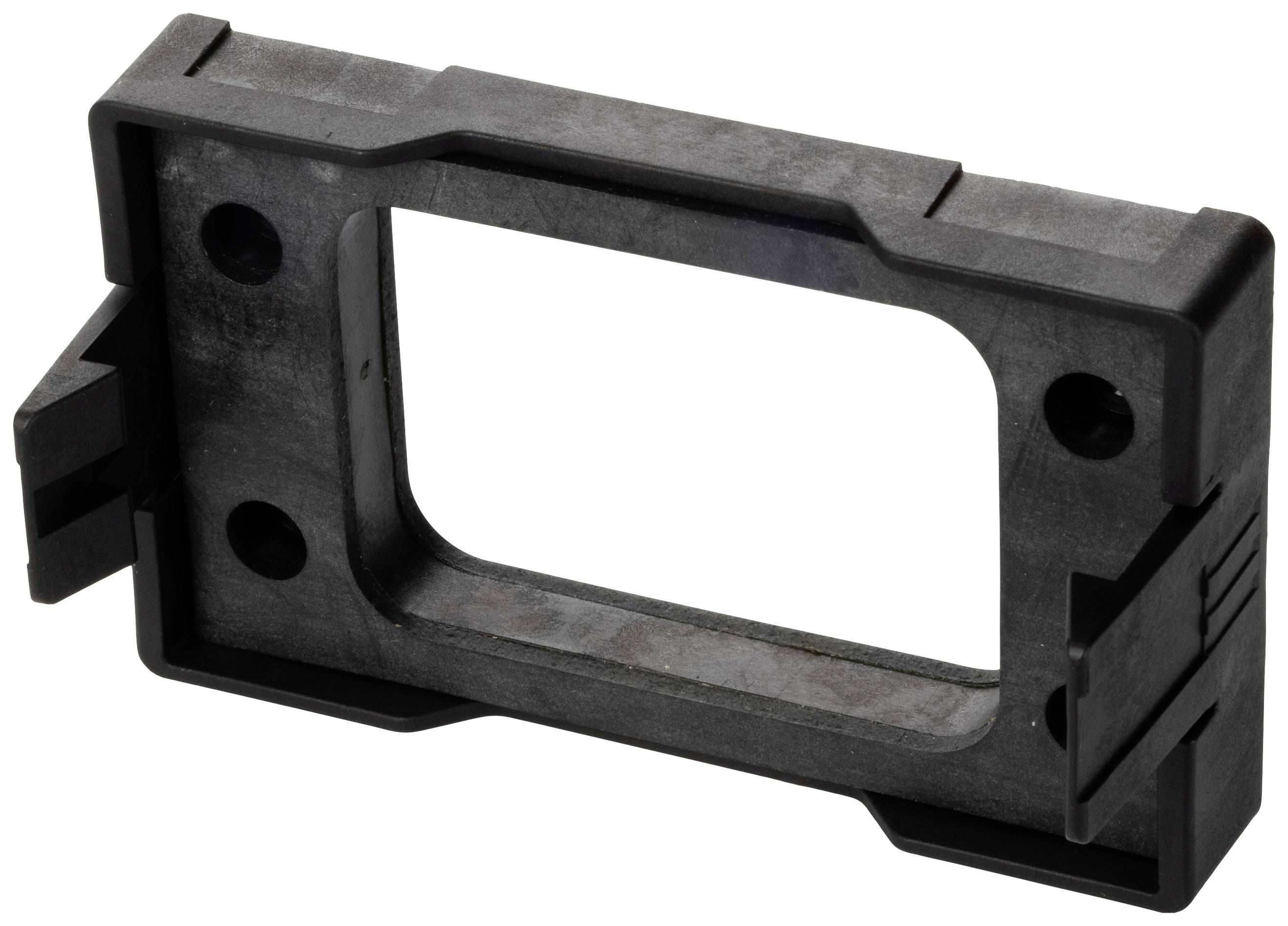 Obdĺžnikový čierny plastový rám so štyrmi otvormi pre skrutky, pravdepodobne súčasť technického alebo mechanického zariadenia.