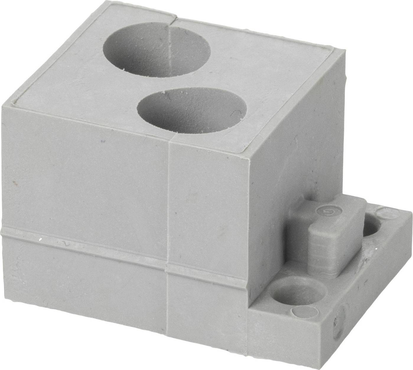 Sivý LEGO kocka s dvoma okrúhlymi otvormi a menším obdĺžnikovým pripojením.